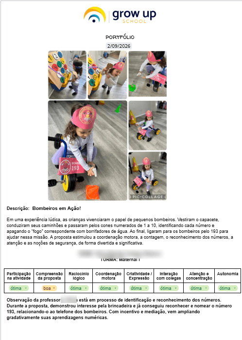Página de portfólio da atividade Bombeiros em Ação, do Maternal I: colagem de fotos de uma aluna com capacete de bombeiro, descrição da proposta, tabela de avaliação por critérios e observação da professora
