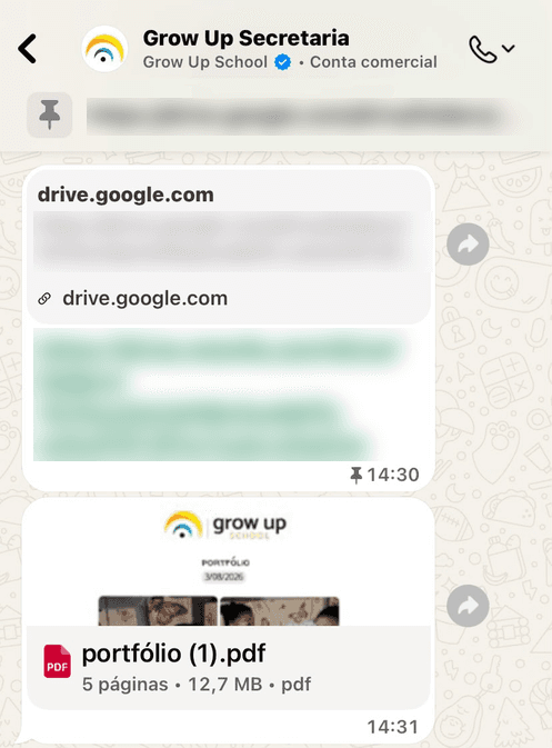 Conversa de WhatsApp com a Grow Up Secretaria mostrando o link de uma pasta do Google Drive e o arquivo PDF do portfólio