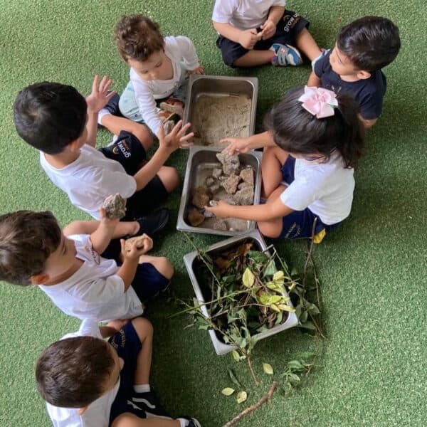 Crianças da educação infantil sentadas na grama sintética em volta de bandejas com areia, pedras e folhas, explorando os materiais com as mãos