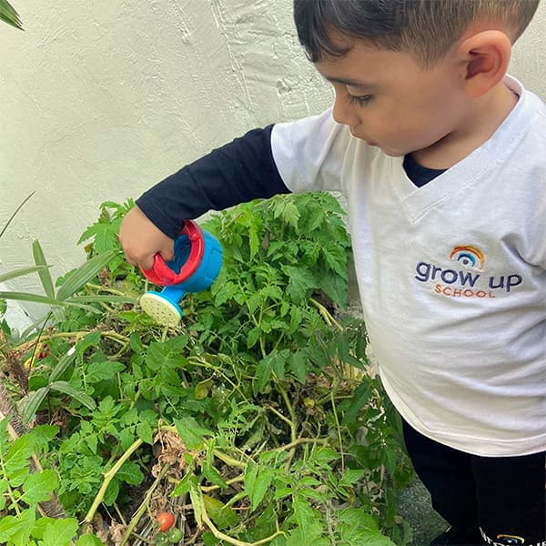 Menino da educação infantil regando a horta da escola com um regador de brinquedo